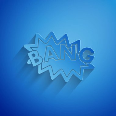 Kağıt kesiği Bang boom, silah çizgi roman konuşma balonu ikonu mavi arka planda izole. Kağıt sanatı tarzı. Vektör İllüstrasyonu