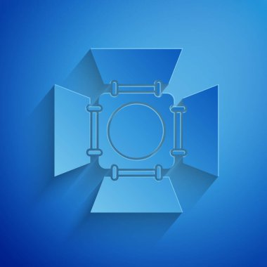 Kağıt kesikli spot ışığı simgesi mavi arkaplanda izole edildi. Işık efekti. Sahne, Stüdyo, Gösteri. Kağıt sanatı tarzı. Vektör İllüstrasyonu