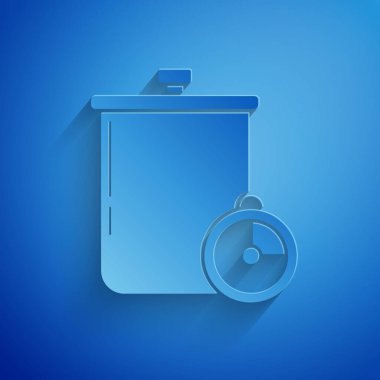 Kağıt kesiği yemek tenceresi ve mutfak zamanlayıcısı ikonu mavi arka planda izole edilmiş. Haşlama ya da güveç besin sembolü. Kağıt sanatı tarzı. Vektör İllüstrasyonu