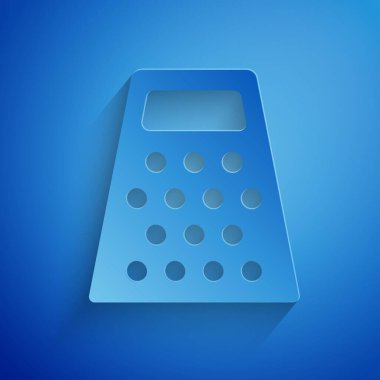 Kağıt kesiği Grater simgesi mavi arkaplanda izole edildi. Mutfak sembolü. Mutfak aletleri. Çatal bıçak seti. Kağıt sanatı tarzı. Vektör İllüstrasyonu