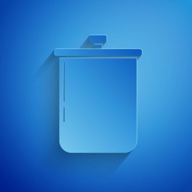 Kağıt kesiği, mavi arkaplanda izole edilmiş tencere ikonu. Haşlama ya da güveç besin sembolü. Kağıt sanatı tarzı. Vektör İllüstrasyonu