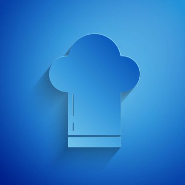 Kağıt kesiği Şef şapkası simgesi mavi arkaplanda izole edilmiş. Aşçılık sembolü. Aşçı şapkası. Kağıt sanatı tarzı. Vektör İllüstrasyonu