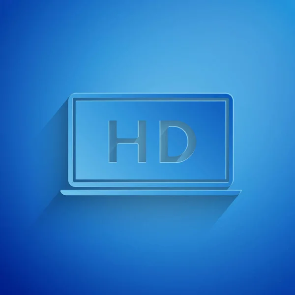 파란색 배경에 HD 비디오 기술 아이콘 이 있는 노트북 화면을 잘라 내는 것이다. 종이 예술 스타일. 벡터 일러스트 — 스톡 벡터