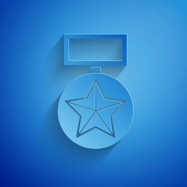 Paper cut Military reward medal icon isolated on blue background. Army sign. Paper art style. Vector Illustration — Stock Vector
