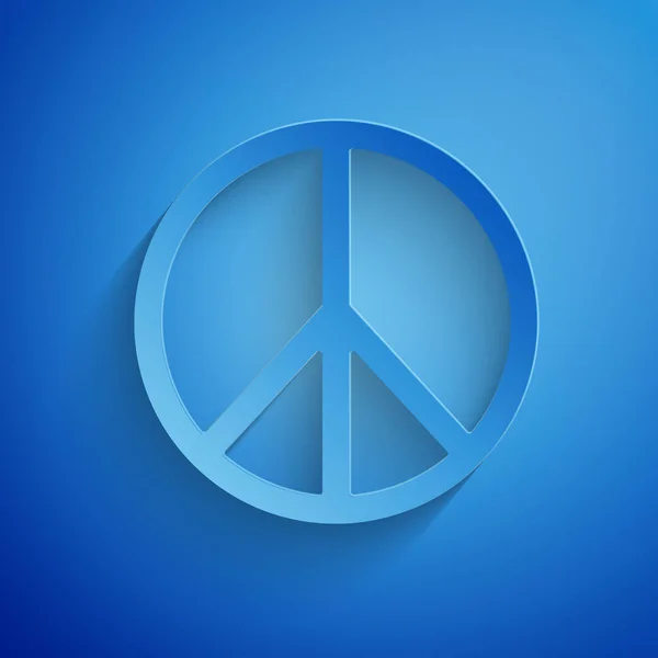 Papier gesneden Vredespictogram geïsoleerd op blauwe achtergrond. Hippie symbool van vrede. Papierkunst stijl. Vector Illustratie — Stockvector