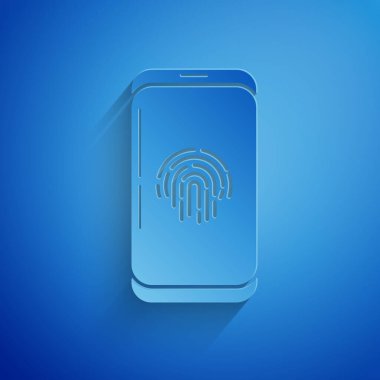 Kağıt kesiği Smartphone, mavi arkaplanda izole edilmiş parmak izi tarayıcı simgesi. Güvenlik kavramı, cep telefonundan kişisel erişim. Kağıt sanatı tarzı. Vektör İllüstrasyonu