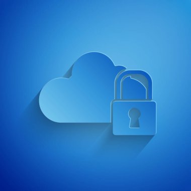 Kağıt kesiği bilgisayar kilidi simgesi mavi arkaplanda izole edildi. Güvenlik, güvenlik, koruma kavramı. Kişisel verilerin korunması. Kağıt sanatı tarzı. Vektör İllüstrasyonu