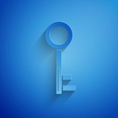 Kağıt kesiği Anahtar simgesi mavi arkaplanda izole edildi. Kağıt sanatı tarzı. Vektör İllüstrasyonu
