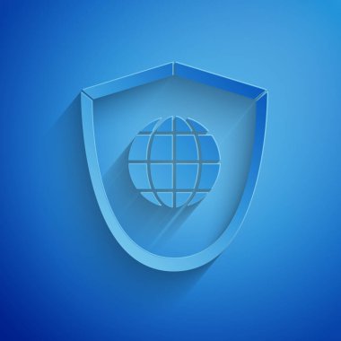 Kağıt kesiği Shield. Mavi arka planda dünya küresi simgesi var. Güvenlik, güvenlik, koruma, gizlilik kavramı. Kağıt sanatı tarzı. Vektör İllüstrasyonu