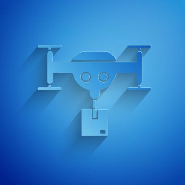 Kağıt kesiği İHA 'sı paket simgesi mavi arkaplanda izole edilmiş. Drone karton kutu teslim ediyor. Kağıt sanatı tarzı. Vektör İllüstrasyonu