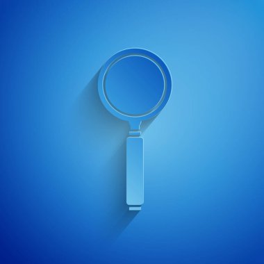 Kağıt kesiği büyüteç simgesi mavi arkaplanda izole edilmiş. Arama, odaklanma, yakınlaştırma, iş sembolü. Kağıt sanatı tarzı. Vektör İllüstrasyonu