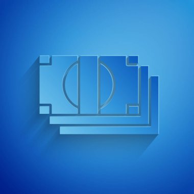 Kağıt kesme yığınları kağıt para nakit simgesi mavi arka planda izole. Para banknotlar yığınları. Fatura para birimi. Kağıt sanatı tarzı. Vektör Illustration