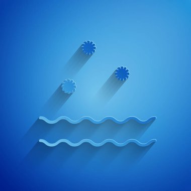 Kağıt kesiği Soğuk ve dalga simgesi mavi arkaplanda izole edilmiş. Kağıt sanatı tarzı. Vektör İllüstrasyonu