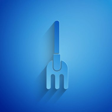 Kağıt kesilmiş Bahçe komisyon simgesi mavi arka planda izole. Bahçecilik, tarım, Tarım için araç. Zemin tohumcu. Temizlik ekipmanları. Kağıt sanatı tarzı. Vektör Illustration