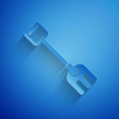 Kağıt kesilmiş Bahçe komisyon simgesi mavi arka planda izole. Bahçecilik, tarım, Tarım için araç. Zemin tohumcu. Temizlik ekipmanları. Kağıt sanatı tarzı. Vektör Illustration