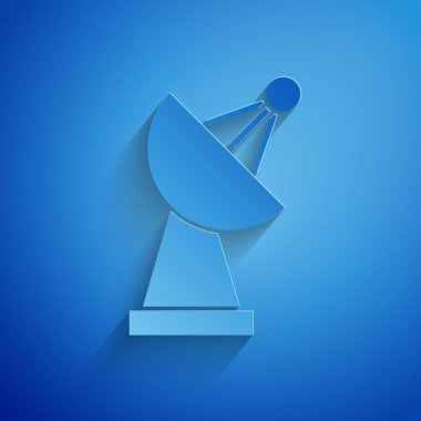 Kağıt kesiği Radar simgesi mavi arkaplanda izole edildi. Arama sistemi. Uydu sinyali. Kağıt sanatı tarzı. Vektör İllüstrasyonu