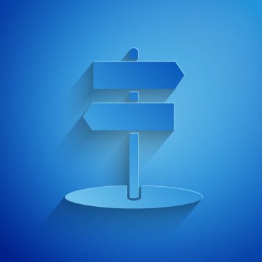 Kağıt kesiği trafik levhası. Mavi arkaplanda işaretleme simgesi izole edildi. İşaretçi sembolü. İzole sokak bilgi levhası. Yön tabelası. Kağıt sanatı tarzı. Vektör İllüstrasyonu