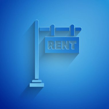 Kağıt kesme işareti ve mavi arkaplanda izole edilmiş metin kira simgesi. Metin Rent 'li pano. Kağıt sanatı tarzı. Vektör İllüstrasyonu