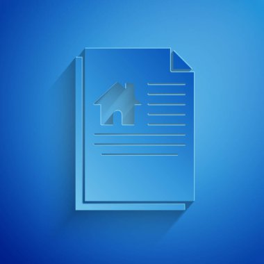 Kağıt kesiği ev sözleşmesi ikonu mavi arka planda izole edilmiş. Sözleşme oluşturma hizmeti, belge oluşumu, başvuru formu bileşimi. Kağıt sanatı tarzı. Vektör İllüstrasyonu