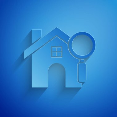 Paper cut Search house icon isolated on blue background. Real estate symbol of a house under magnifying glass. Paper art style. Vector Illustration