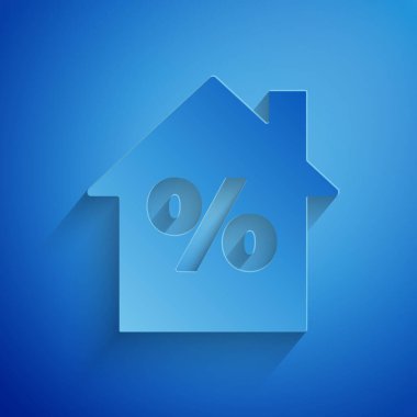 Kağıt kesme Evi, mavi arka planda izole edilmiş indirimli etiket simgesi. Evin yüzdesi tabela fiyatı. Emlak evi. Kağıt sanatı tarzı. Vektör İllüstrasyonu