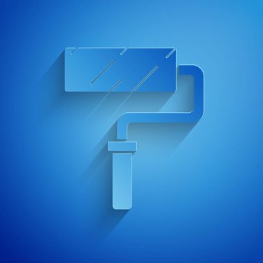 Kağıt kesiği boya fırçası simgesi mavi arkaplanda izole edildi. Kağıt sanatı tarzı. Vektör İllüstrasyonu