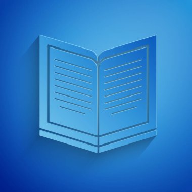 Kağıt kesiği Açık kitap simgesi mavi arkaplanda izole edildi. Kağıt sanatı tarzı. Vektör İllüstrasyonu