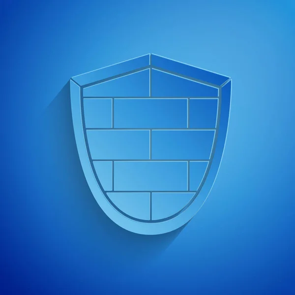 Escudo de corte de papel con icono de pared de ladrillo de seguridad cibernética aislado sobre fondo azul. Símbolo de protección de datos Logo del cortafuegos. Protección de la red. Estilo de arte de papel. Ilustración vectorial — Vector de stock