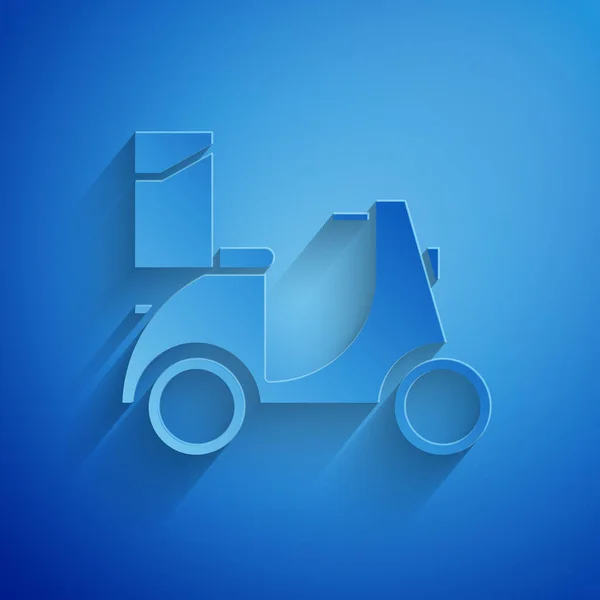 Kağıt kesiği Scooter dağıtım simgesi mavi arkaplanda izole edildi. Teslimat hizmeti konsepti. Kağıt sanatı tarzı. Vektör İllüstrasyonu — Stok Vektör