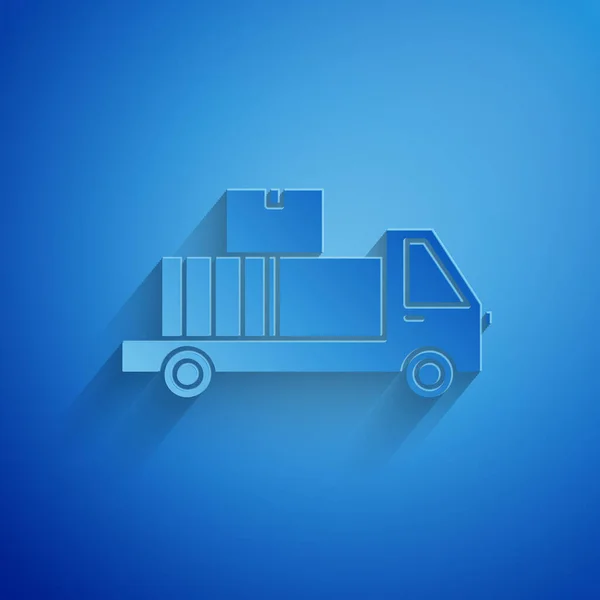 纸裁剪运送卡车与纸板箱后面图标隔离蓝色背景。 造纸艺术风格。 病媒图解 — 图库矢量图片