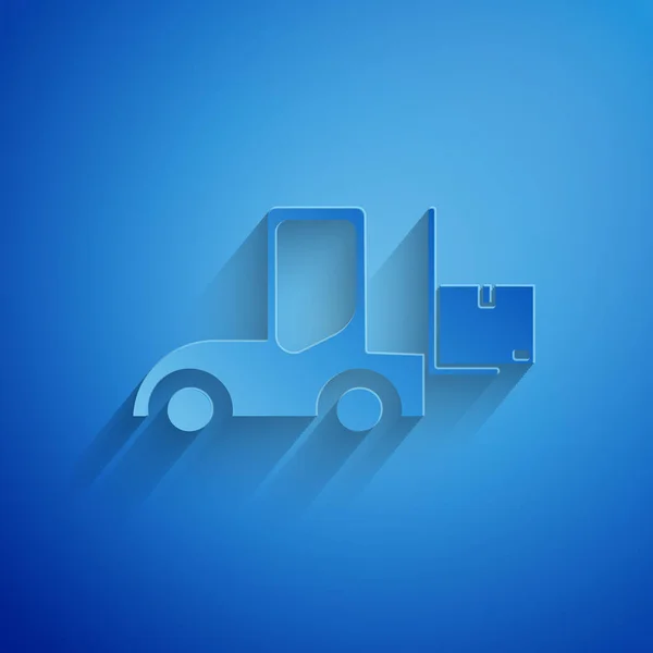 Иконка грузовика вилочного погрузчика вырезана на синем фоне. Вилочный погрузчик и картонный ящик. Доставка груза, доставка, транспортировка. Бумажный стиль. Векторная миграция — стоковый вектор