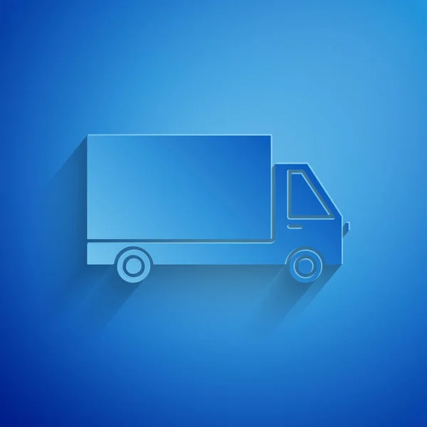 Papier gesneden Levering vrachtwagen pictogram geïsoleerd op blauwe achtergrond. Papierkunst stijl. Vector Illustratie — Stockvector