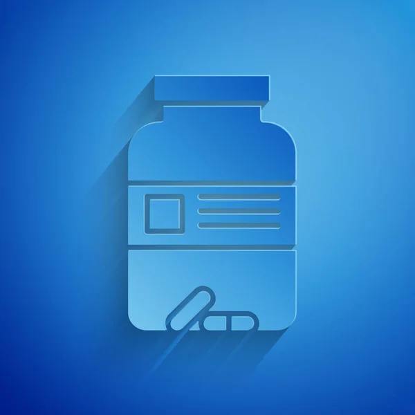 Carta tagliata Medicina bottiglia e pillole icona isolata su sfondo blu. Segno della pillola della bottiglia. Design della farmacia. Stile cartaceo. Illustrazione vettoriale — Vettoriale Stock