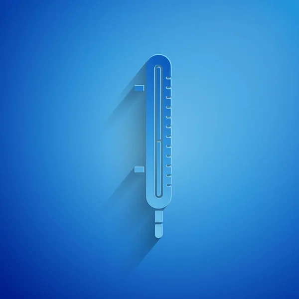 Paper cut Meteorology thermometer measuring icon isolated on blue background. Peralatan termometer menunjukkan cuaca panas atau dingin. Gaya seni kertas. Ilustrasi Vektor - Stok Vektor