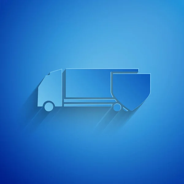 纸屑运送卡车与盾牌图标隔离蓝色背景. 保险概念。 安保、安全、保护、保护概念。 造纸艺术风格。 病媒图解 — 图库矢量图片
