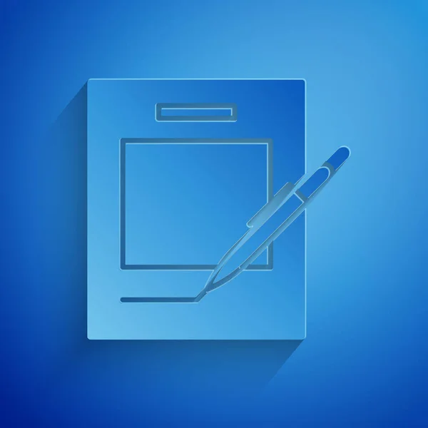 紙切れ空白のノートブックとペンアイコンは、青い背景に分離されています。紙とペンペーパーアートスタイル。ベクトルイラストレーション — ストックベクタ