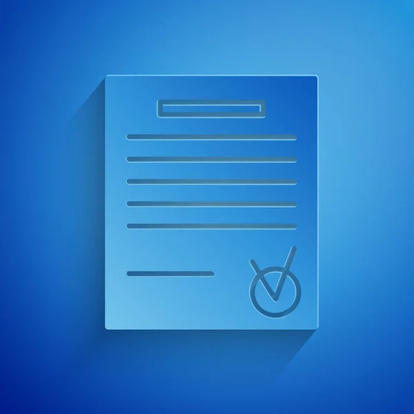 Corte de papel Documento confirmado e icono de marca de verificación aislado sobre fondo azul. Icono de lista de verificación. Concepto de negocio. Estilo de arte de papel. Ilustración vectorial — Vector de stock