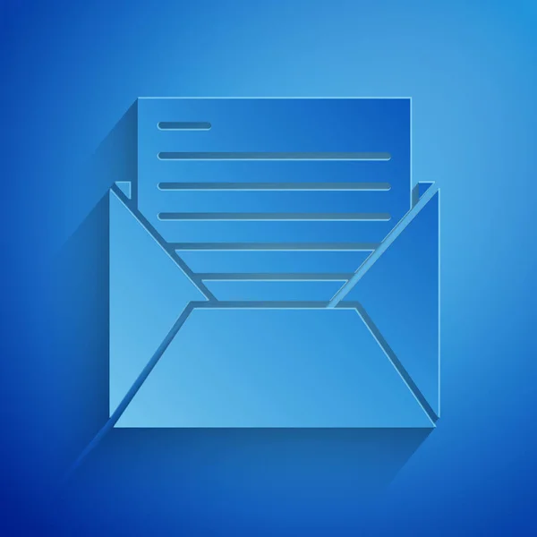 Corte de papel Icono de correo electrónico y correo electrónico aislado sobre fondo azul. Envolvente símbolo e-mail. Señal de correo electrónico. Estilo de arte de papel. Ilustración vectorial — Vector de stock