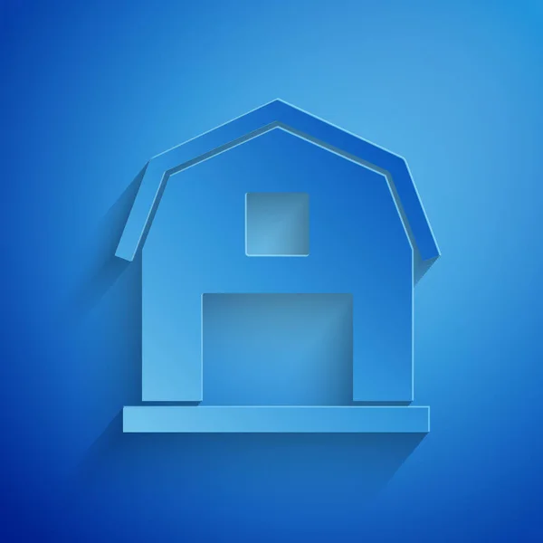 Papel cortado Farm House ícone conceito isolado no fundo azul. Paisagem rural rústica. Estilo de arte de papel. Ilustração vetorial —  Vetores de Stock