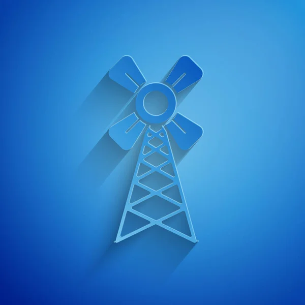 Papier coupé icône moulin à vent isolé sur fond bleu. Style art du papier. Illustration vectorielle — Image vectorielle