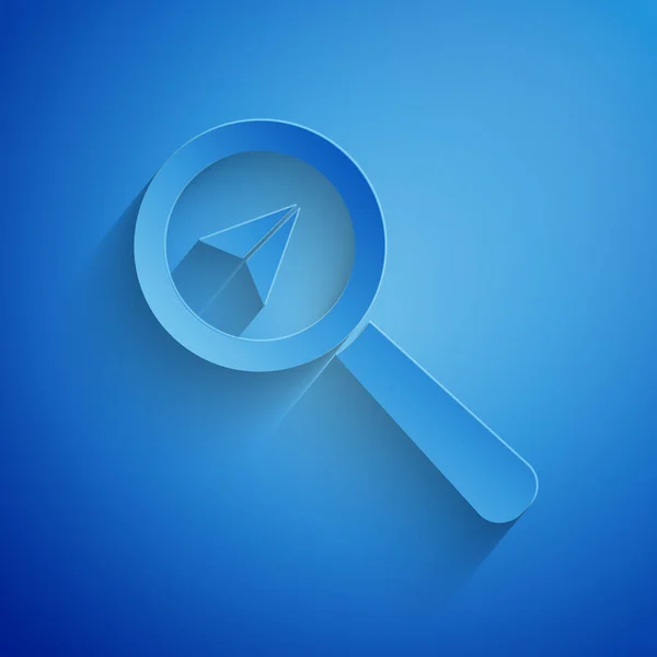 Paper cut Search location icon isolated on blue background. Magnifying glass with pointer sign. Paper art style. Vector Illustration — Stock Vector