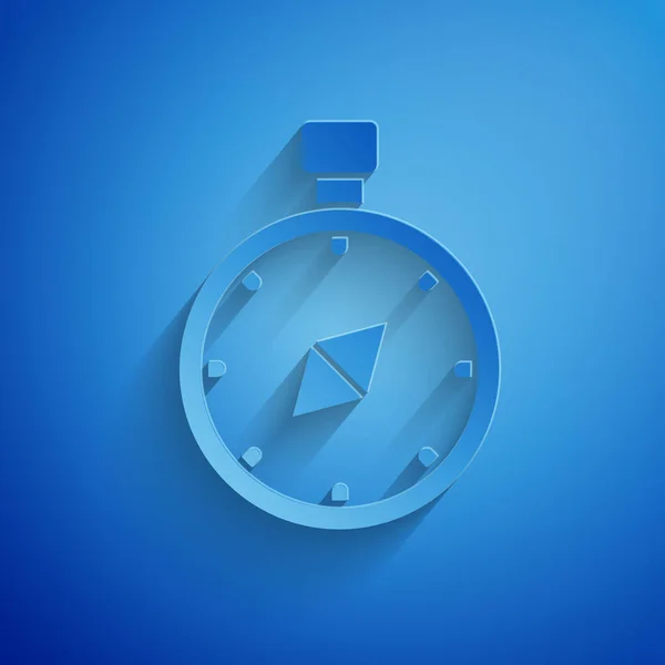 Papír vágott iránytű ikon izolált kék háttér. Windrose navigációs szimbólum. Szélrózsa jele. Papírművészeti stílus. Vektoros illusztráció — Stock Vector