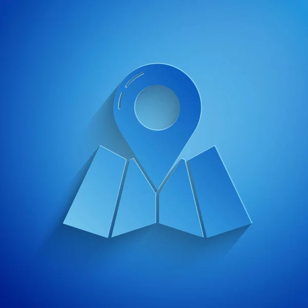Corte de papel Mapa plegado con icono de marcador de ubicación aislado sobre fondo azul. Estilo de arte de papel. Ilustración vectorial — Vector de stock