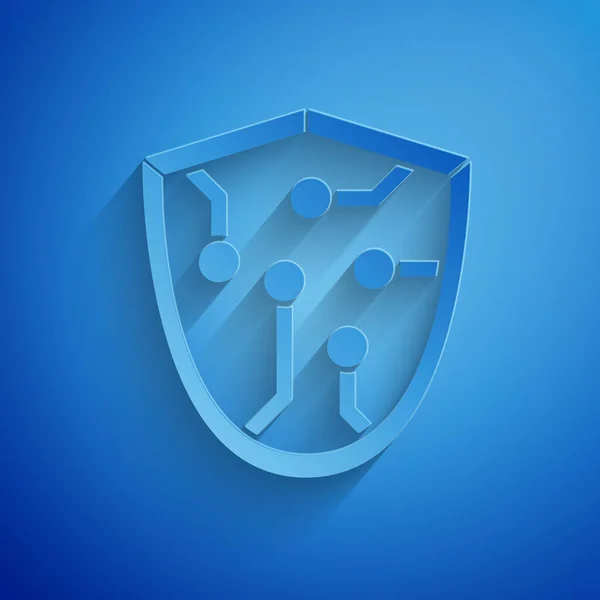 Corte de papel Icono de seguridad cibernética aislado sobre fondo azul. Señal de escudo. Concepto de seguridad. Protección de datos digital. Estilo de arte de papel. Ilustración vectorial — Vector de stock