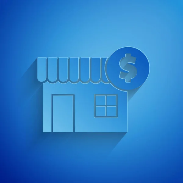 Corte de papel Casa con símbolo de dólar icono aislado sobre fondo azul. Hogar y dinero. Concepto inmobiliario. Estilo de arte de papel. Ilustración vectorial — Archivo Imágenes Vectoriales