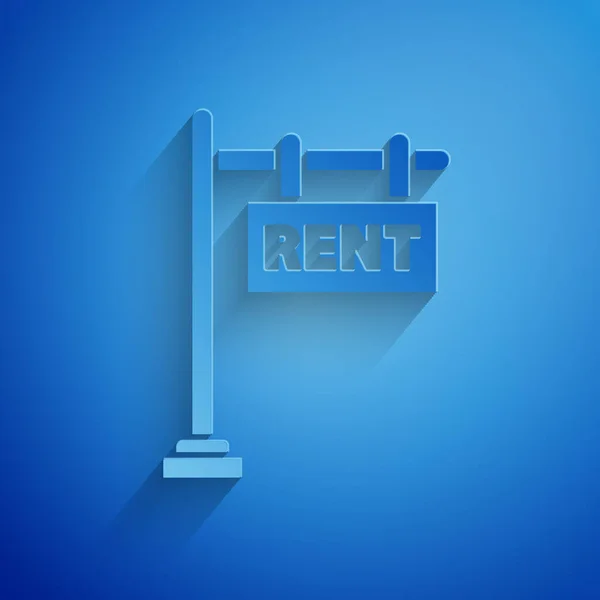 Corte de papel Signo colgante con texto Icono de alquiler aislado sobre fondo azul. Letrero con texto Alquiler. Estilo de arte de papel. Ilustración vectorial — Vector de stock