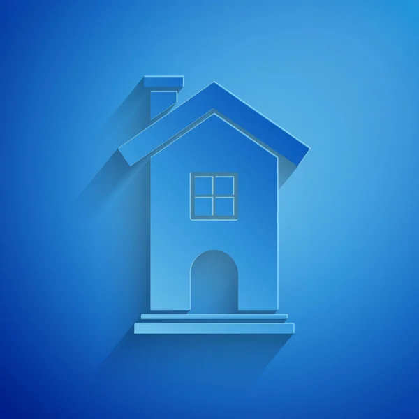 Papier découpé icône de la maison isolé sur fond bleu. Symbole domestique. Style art du papier. Illustration vectorielle — Image vectorielle