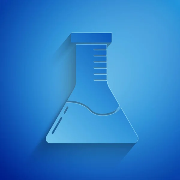 Papperssnitt Provrör och kolv kemisk laboratorietest ikon isolerad på blå bakgrund. Glasvaruskylt i laboratoriet. Papperskonst. Vektor Illustration — Stock vektor