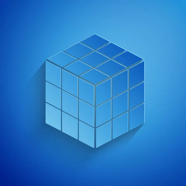 Papier gesneden Rubik kubus pictogram geïsoleerd op blauwe achtergrond. Mechanisch puzzelspeeltje. Rubiks kubus 3d combinatie puzzel. Papierkunst stijl. Vector Illustratie — Stockvector
