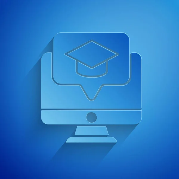 Κοπή χαρτιού Οθόνη υπολογιστή με εικονίδιο καπάκι αποφοίτησης απομονωμένο σε μπλε φόντο. Online μάθηση ή e-learning έννοια. Στυλ χάρτινης τέχνης. Εικονογράφηση διανύσματος — Διανυσματικό Αρχείο